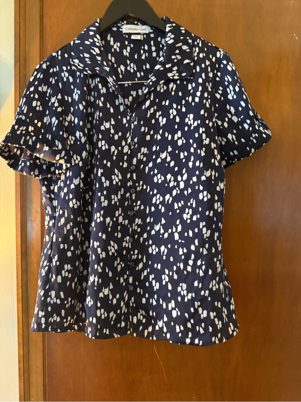 Coldwater Creek Navy Blouse with White Spot Print